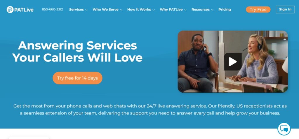PATLive homepage on Hook Agency: headline, “Try free for 14 days” button, and video with two headset-wearing receptionists for contractors.