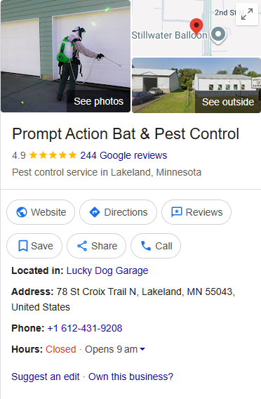 Prompt Action Bat & Pest Control in Lakeland, MNāworker sprays building. Access contact info, ratings, website, directions, and services.