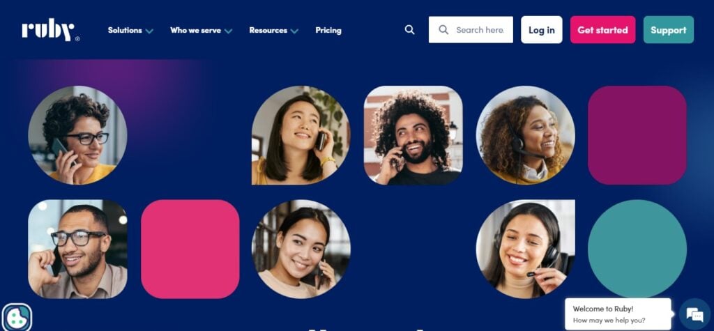 Hook Agency homepage with Ruby logo, nav menu, and virtual receptionist visuals. "Get started" and "Support" in top right.