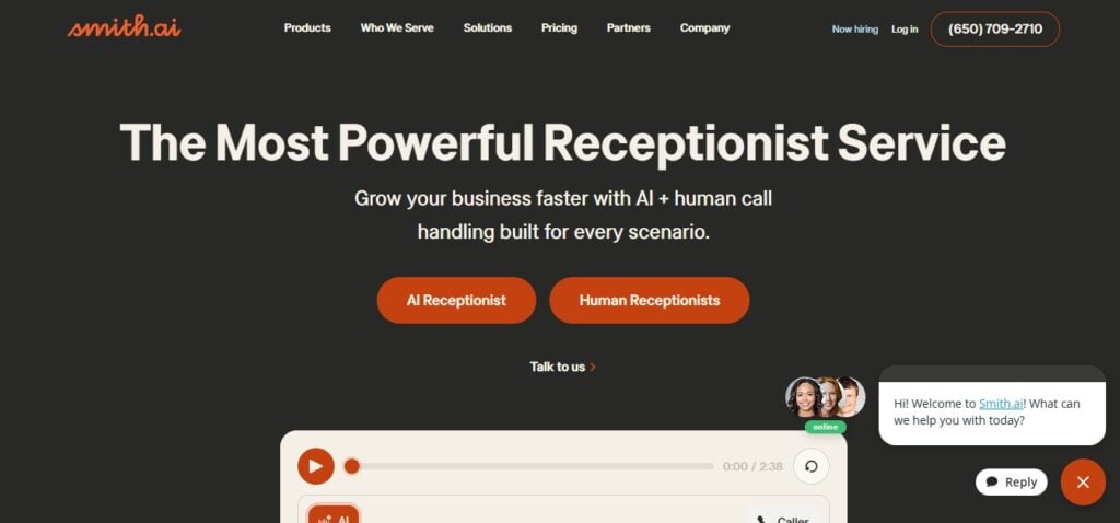 Smith.ai homepage screenshot: "The Most Powerful Receptionist Service," AI/human options, and live chat for business support.