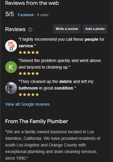 Screenshot of The Family Plumberās 5/5 reviews; praised for fast service. Family-owned in California since 1990.
