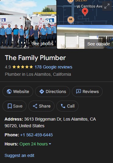 Google business listing for The Family Plumber in Los Alamitos, CAāgroup photo, 4.9 stars, contacts, and 24/7 service shown.