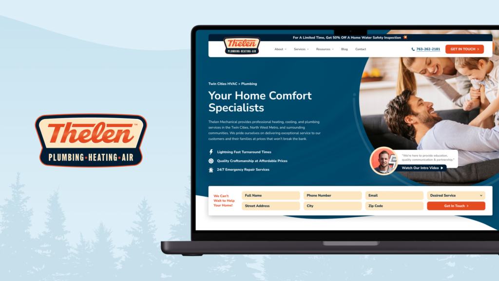 Laptop shows Thelen Mechanical website—logo, menu, contact form, and image promoting home comfort—featured on Hook Agency site.