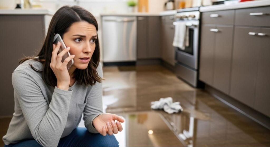 A concerned woman calls virtual receptionists about a flooded kitchen, water reflecting cabinets and appliances, for fast restoration help.