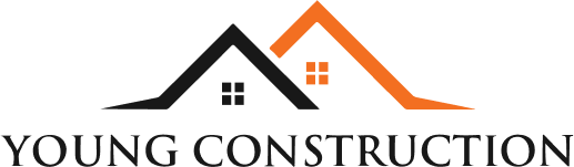 Young Construction logo: two stylized rooftops, one black, one orange, with windows; bold uppercase company name below.