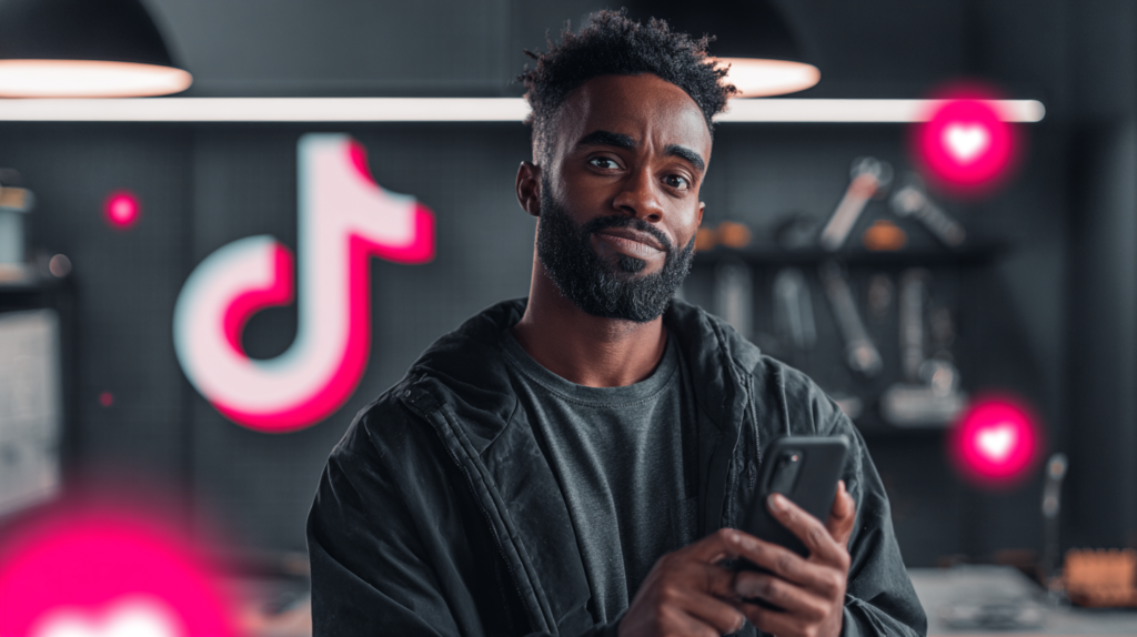 Man indoors with smartphone, blurred TikTok logo and heart icons behind him, representing TikTok engagement and benchmarks.