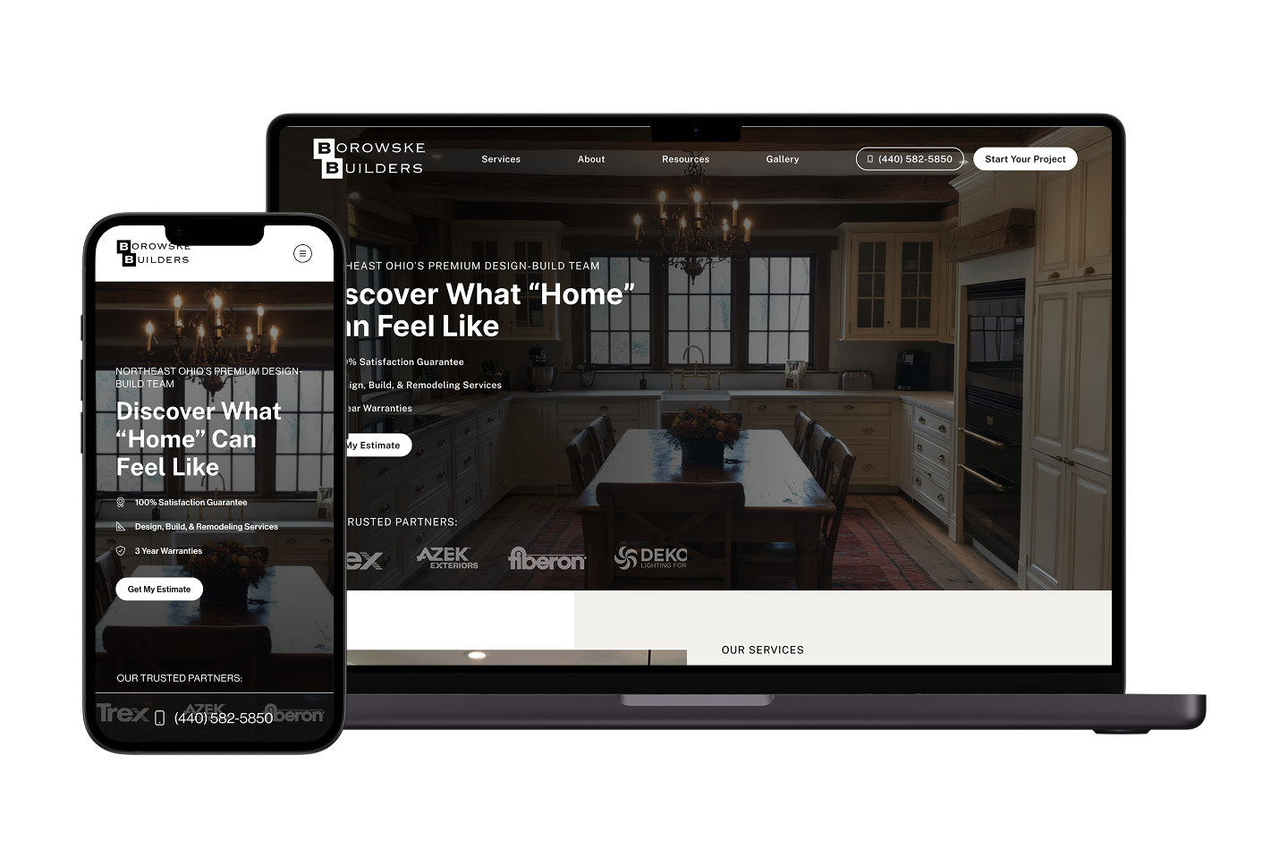 Smartphone and laptop show Browske Builders’ homepage with a modern kitchen and headline: “Discover What ‘Home’ Can Feel Like.”.