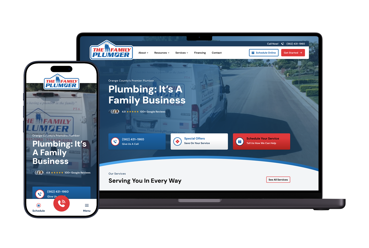 Smartphone and laptop show The Family Plumber homepage on Hook Agency’s site, highlighting van, menu, offers, and booking tools.