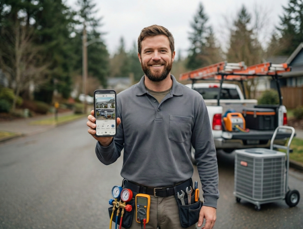 HVAC tech outside work truck displaying home services app, highlighting how social media connects businesses with customers.