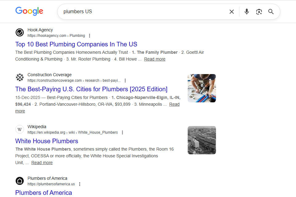 Google results for "plumbers US" showing top companies, high-paying cities, a White House Plumbers wiki, and AI ranking tools.