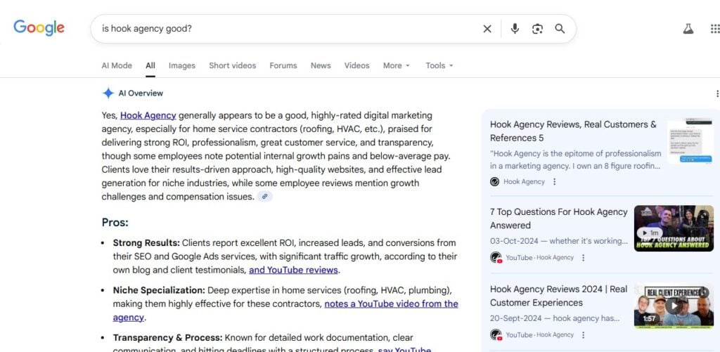 A Google search for "is hook agency good?" highlights Hook Agency as top-rated for SEO, Home Services marketing, and transparency.