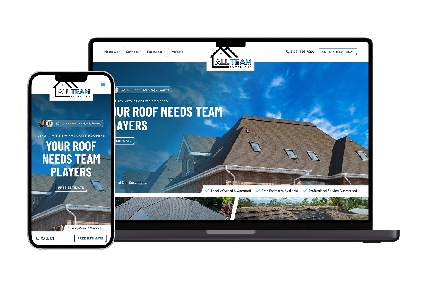 Smartphone and laptop show All Team Exteriors’ homepage with roof gallery, blue theme, contact details, and clear call-to-action buttons.