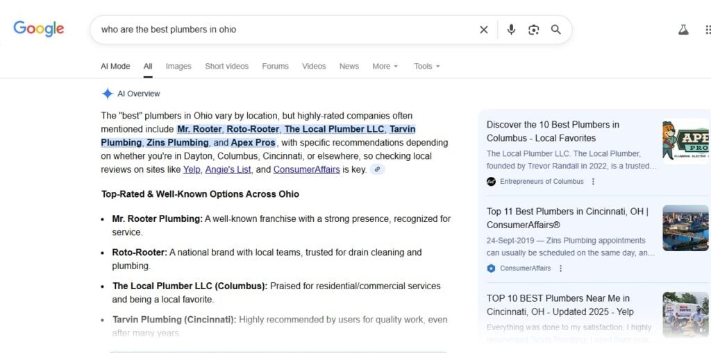 Google search results for "best plumbers in Ohio" show Mr. Rooter and Roto-Rooter, demonstrating top SEO and AEO tactics.