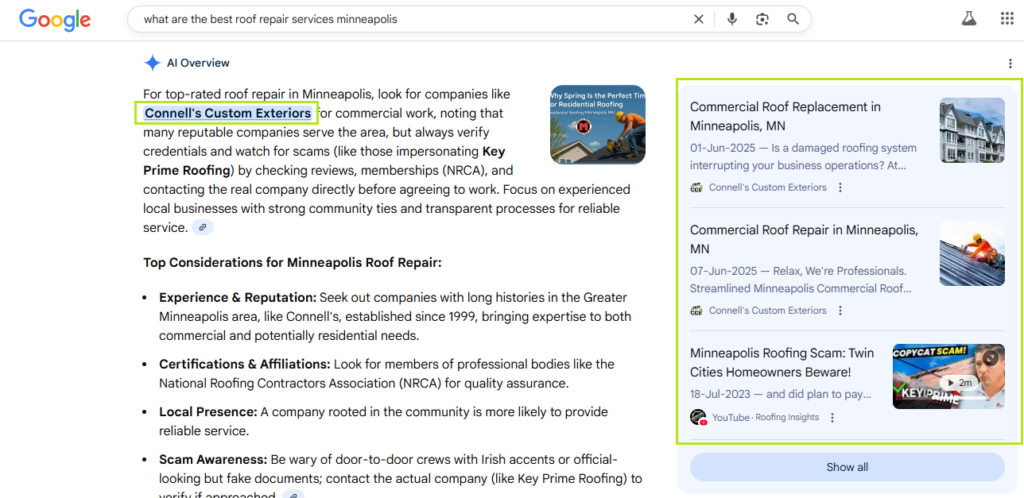 Google search results for “best roof repair services minneapolis” show Connell’s Custom Exteriors first, with ads and listings.