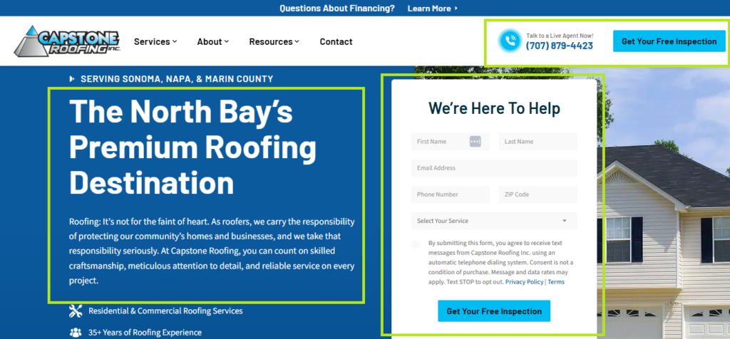 Screenshot of Capstone Roofing’s site: logo, contact, “Get Your Free Inspection” CTA, form, and “The North Bay’s Premium Roofing Destination.”.