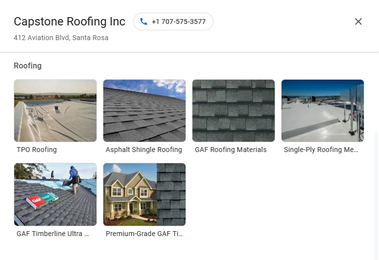 Capstone Roofing Inc listing with contact info, six roofing type images, and strong local SEO for better visibility on Hook Agency.