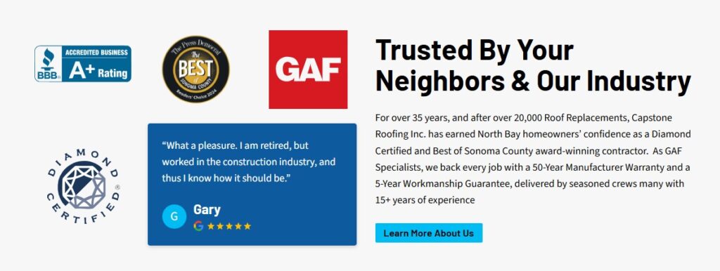 Banner displays Capstone Roofing awards, GAF logo, testimonial, and 35+ years’ service—building trust and conversions on Hook Agency.