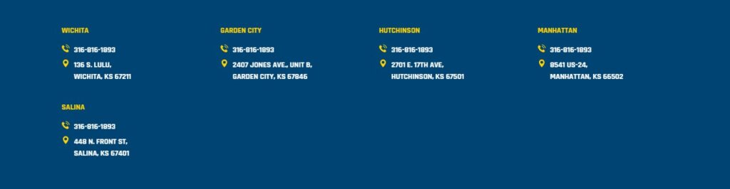 Hook Agency contact info for Wichita, Salina, Garden City, Hutchinson, Manhattan KS; phone and address for each on blue background.