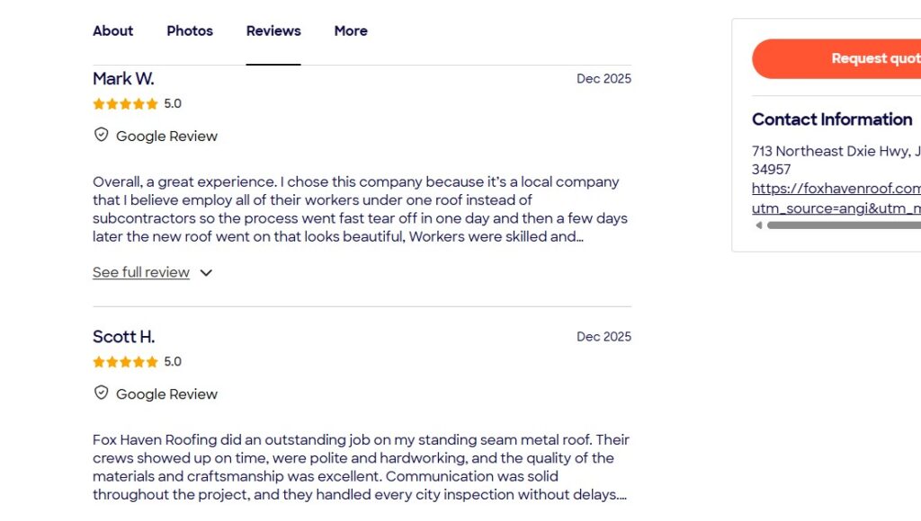 Screenshot on Hook Agency’s site shows Fox Haven Roofing reviews from Dec 2025, citing professionalism and quality work.