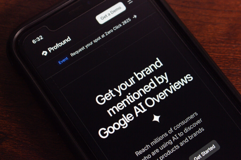 Smartphone showing Hook Agency site: "Get your brand mentioned by Google AI Overviews" with "Get Started" button at 6:32.