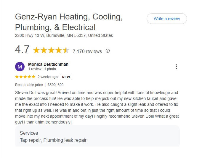 Screenshot of a Google review on Hook Agency’s site: Genz-Ryan has a 4.7/5 rating from 7,170 reviews for plumbing leak repairs.