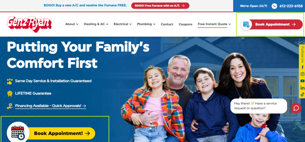 A family of five smiles in front of a house, showcasing trusted Home Services. Header features GenZ-Ryan logo, SEO links, and "Book Appointment.
