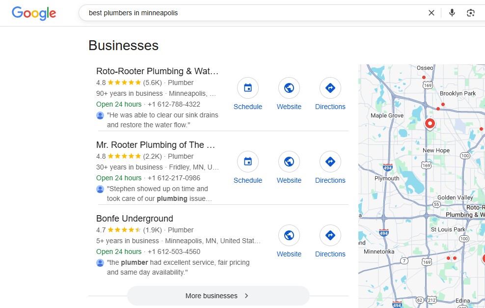 Google search for "best plumbers in Minneapolis" with map, listings, ratings—contrasting Google Ads and Local Service Ads.