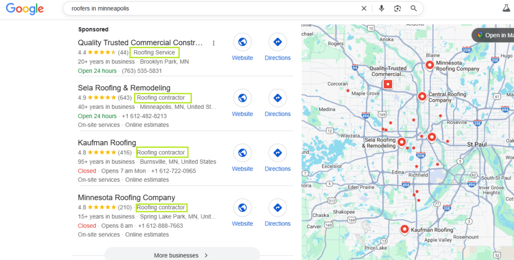 Google search for "roofers in Minneapolis" shows local SEO impact—map right, top contractors listed left, as seen by Hook Agency.