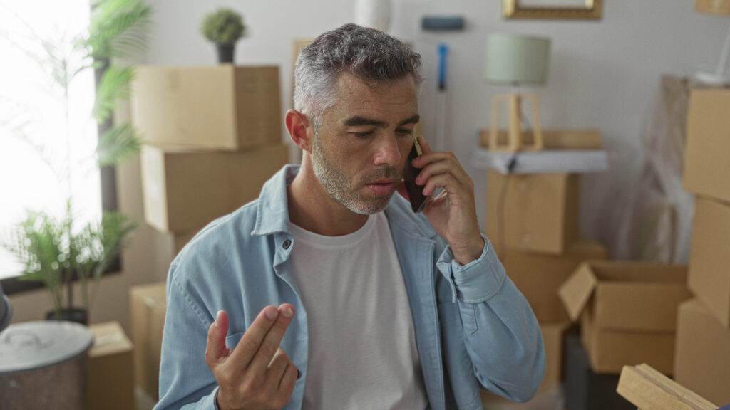 Home service business owner with gray hair and beard focused on a call, seated by moving boxes; plant and household items behind.