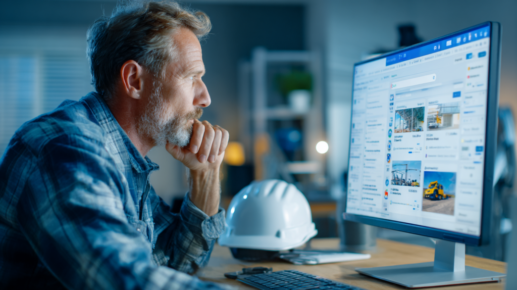 Bearded man monitors AI search rankings on a computer at Hook Agency office desk with hard hat, keyboard, and mouse visible.