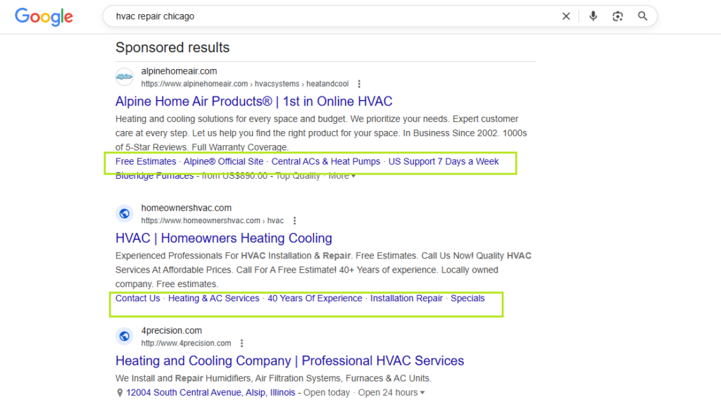 Google search results for "hvac repair chicago," spotlighting two top-rated HVAC businesses offering 24/7 service and free estimates.