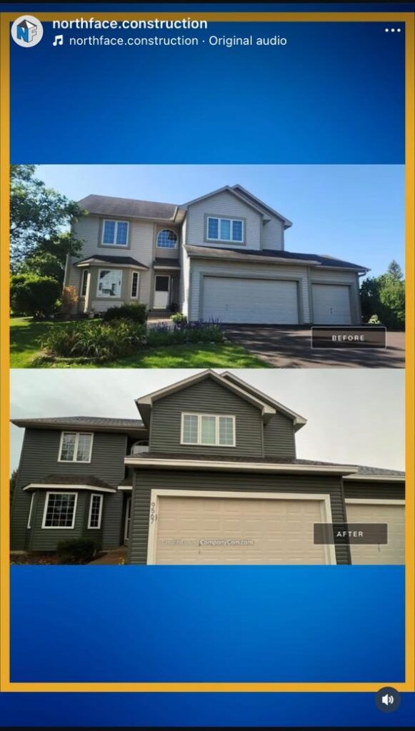Split before-and-after photo of a two-story house: top with old light siding, bottom with updated dark siding and new windows.