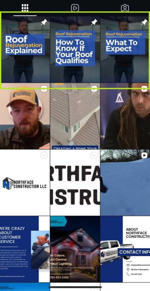 Collage of social media posts with roof tips, speakers, Northface logo, service info, snowy homes, and contact details for trust.