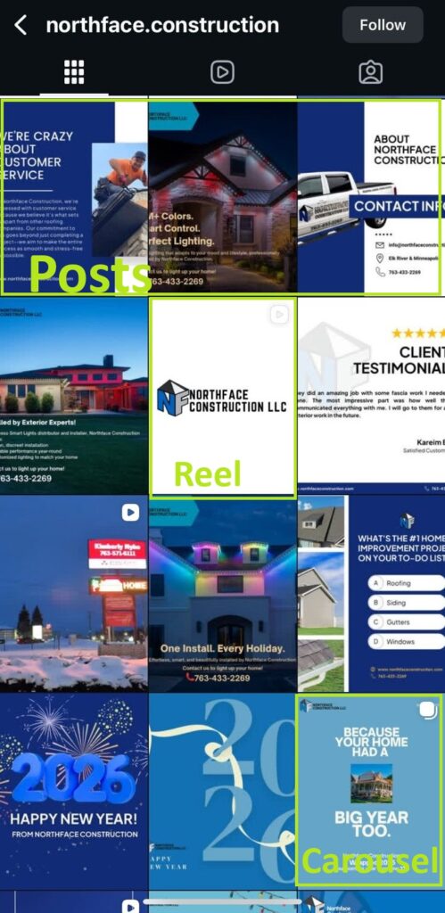 Screenshot of northface.construction Instagram grid with labeled posts, reel, and carousel—showing trust-building social media tactics.