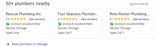 Screenshot of Chicago plumber listings—Rescue Plumbing, Four Seasons, Roto-Rooter—displayed as Local Service Ads with ratings.