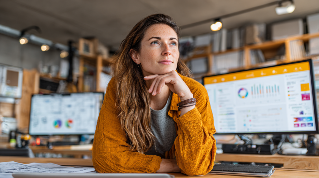 A woman in a yellow sweater leans on a desk as PPC trend graphs display on monitors in Hook Agency's modern, organized office.