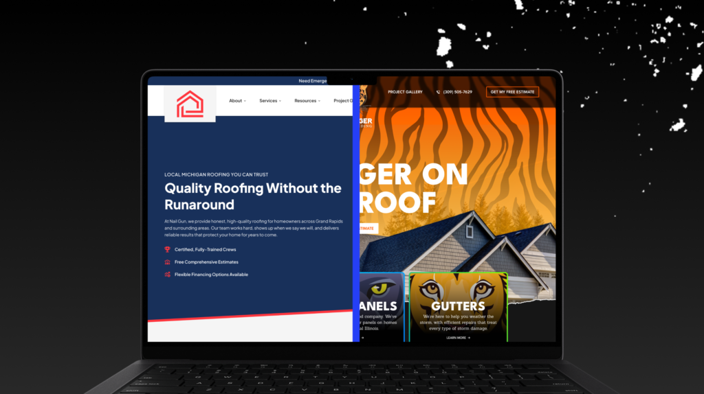 Laptop showing standard vs. custom roofing websites side by side, on a dark background with Hook Agency's signature paint splatter.