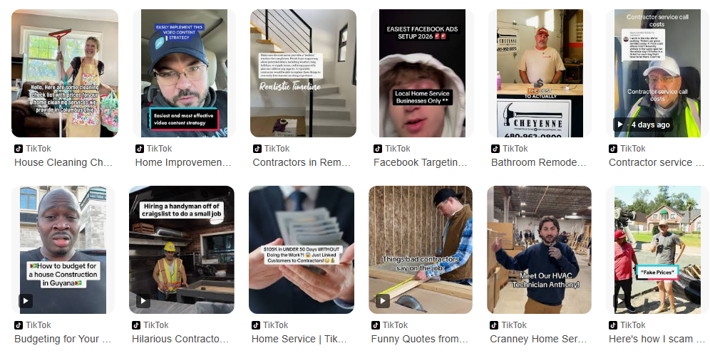 Grid of TikTok thumbnails on home cleaning, construction, budgeting, hiring, and scams—showing social media's impact for contractors.