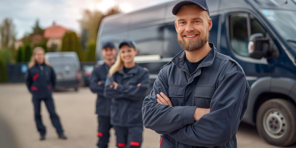 Confident man in navy uniform stands with arms crossed before van, representing a professional home service team outdoors.