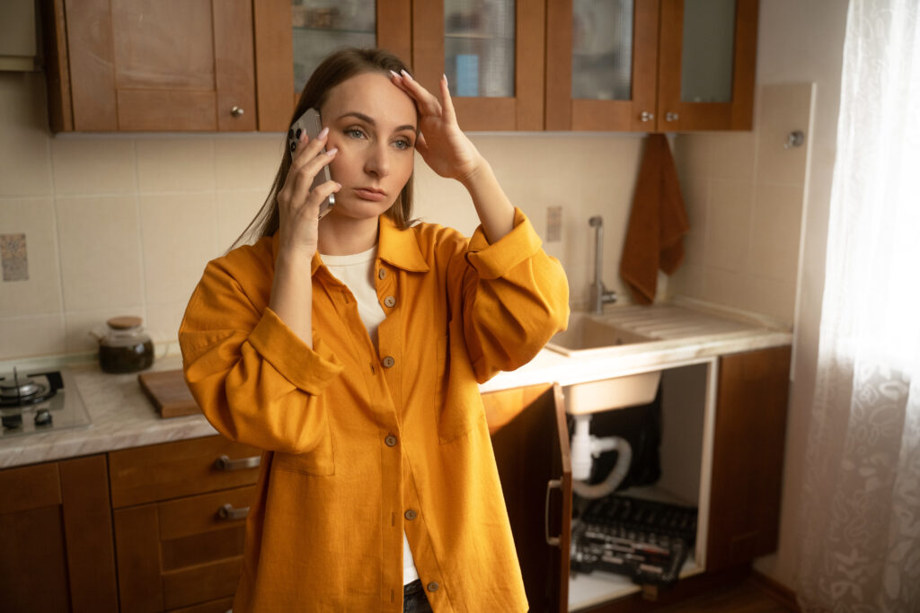 Stressed woman in yellow calls for plumbing help by open sink—proving home services need social media to build trust.