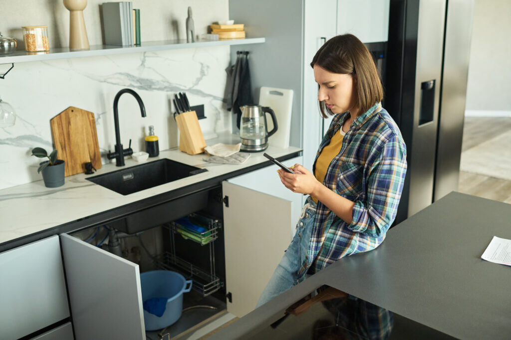 A woman in plaid reviews home service websites on her phone, kitchen cabinet open, cleaning supplies visible, modern design.