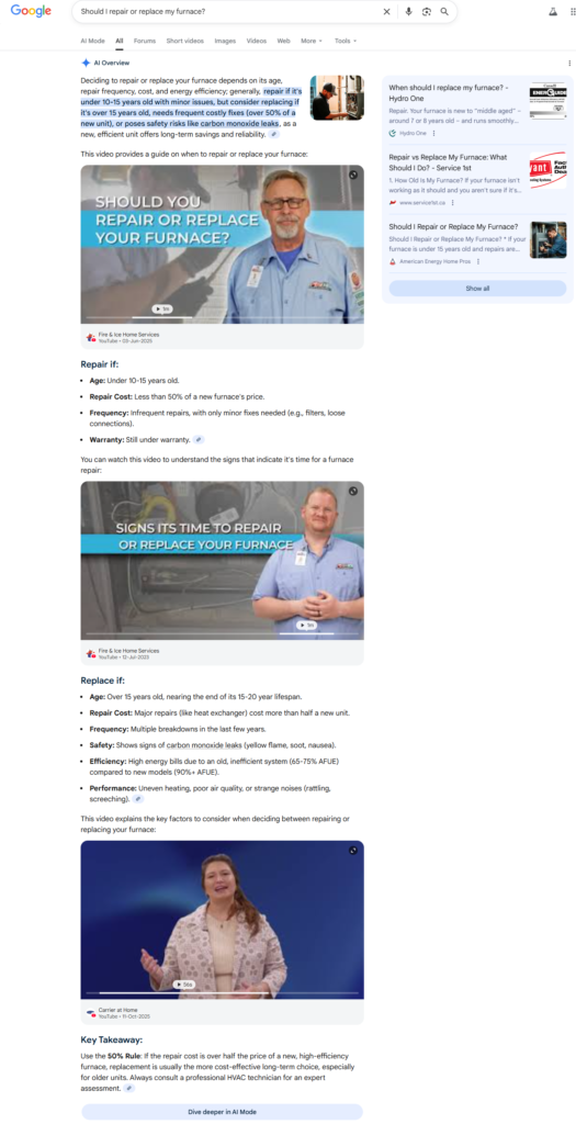 Screenshot of Hook Agency’s Home Services page on furnace repair vs. replacement with video, clear signs to replace, and SEO Q&A sidebar.