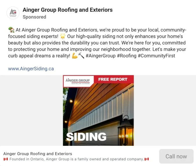 Ad for Ainger Group shows sturdy house siding. Highlights top-tier, lasting options. Logo, website included. For roofing ads.