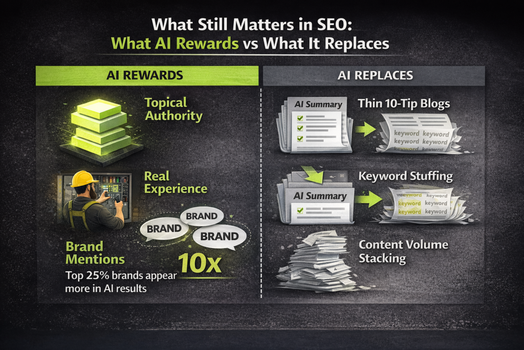 SEO Playbook infographic from Hook Agency contrasts AI SEO rewards vs. outdated tactics, using clear icons and concise text.