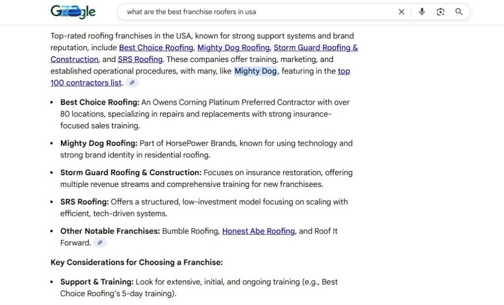 Google search results display leading US roofing franchises like Best Choice Roofing, with tips for choosing the right partner.