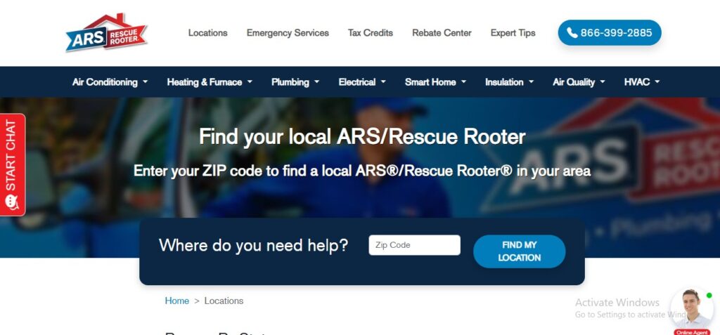 Screenshot of the ARS/Rescue Rooter homepage on Hook Agency's site, featuring ZIP code search and service categories in a blue banner.