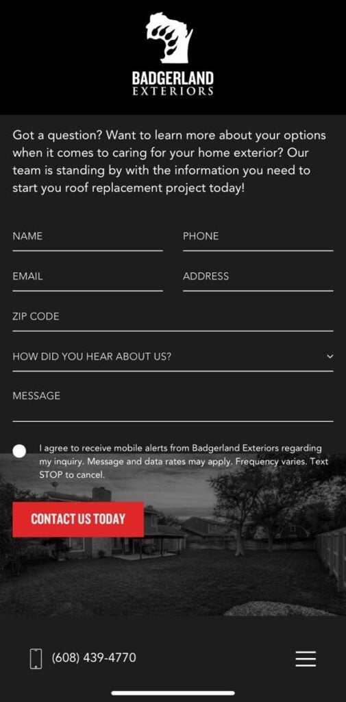Badgerland Exteriors contact form on Hook Agency: name, email, address, zip, referral, message, mobile alerts; red "Contact Us Today" button.