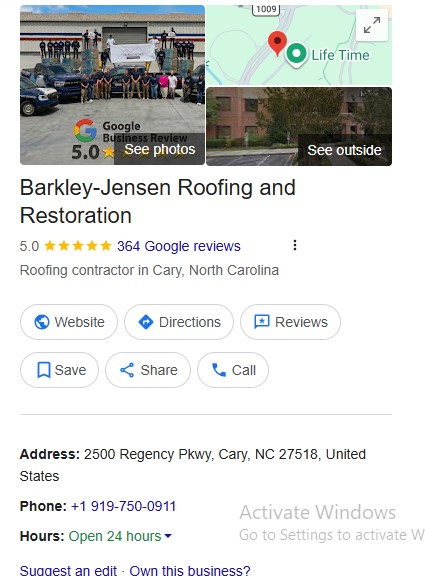 Screenshot of Barkley-Jensen Roofing’s 5-star Google listing in Cary, NC—key info and staff photo for SEO strategy insights.