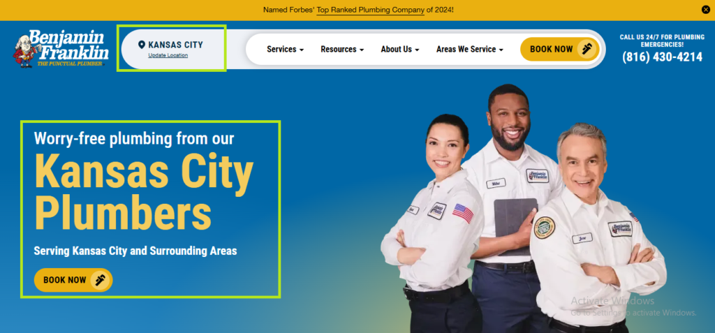 Benjamin Franklin Plumbing Kansas City homepage on Hook Agency: three uniformed plumbers, clear navigation, booking, and location options.