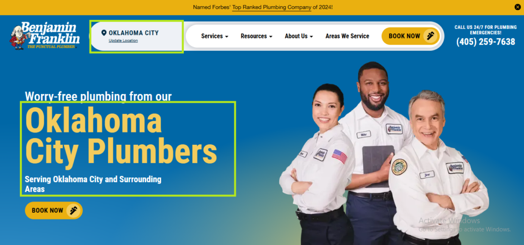Benjamin Franklin Plumbing site screenshot with three plumbers, OKC area service text, contact info, and multi-location nav bar shown.